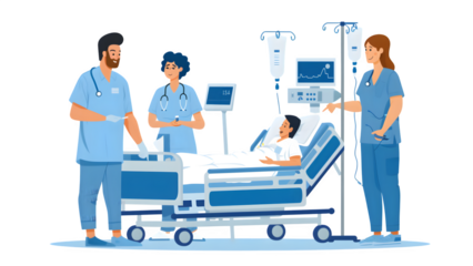 Illustration of a nurse with patient in the bed isolated on a transparent background, PNG