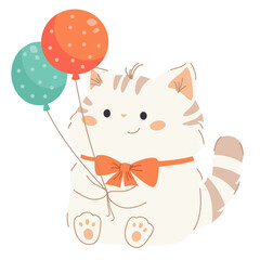 Flat vector illustration in children's style on white background. Cute kitten holding balloons, birthday party. Vector illustration
