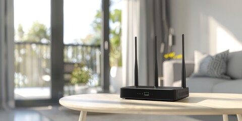 Wi-Fi router on a table in a modern living room, representing connectivity and modern home technology.
