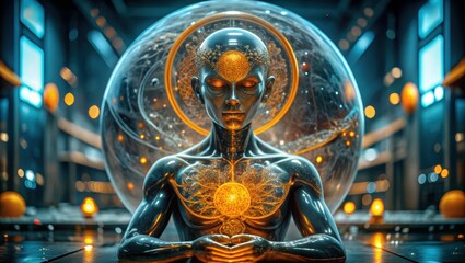 A futuristic meditation concept with a transparent sphere in the background