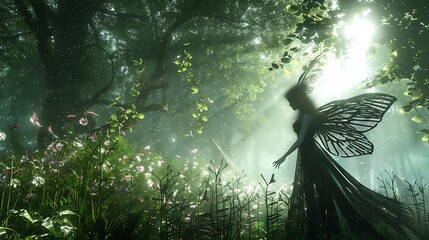 A mystical fairy with large wings stands in a sunlit forest.