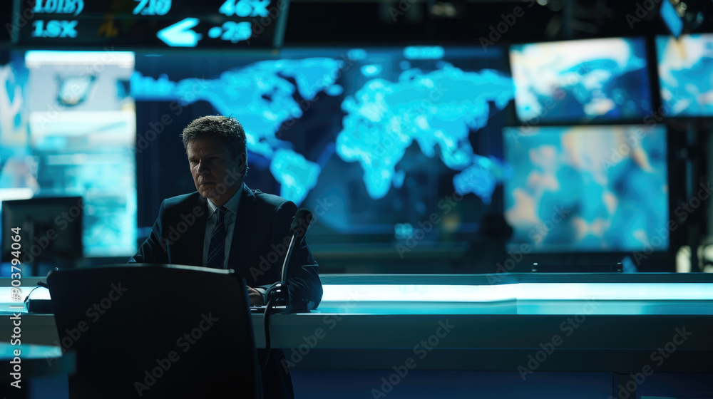 Poster an analyst focuses intently at his workstation amidst vibrant digital dashboards displaying global d