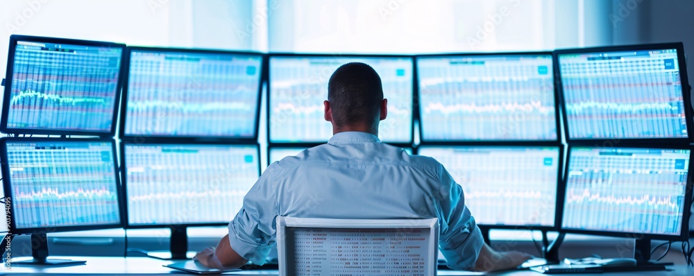 Poster a financial analyst at a desk with multiple screens displaying stock market data, focusing on emergi