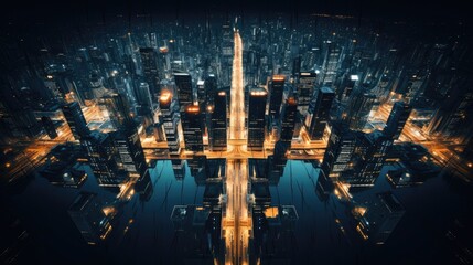 Obraz premium Aerial shot of a symmetrical urban cityscape at night