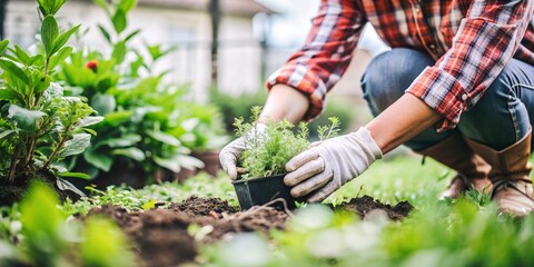 Gardener Planting Seedlings in Raised Bed Garden. A close-up of a person's hands carefully planting young seedlings in a garden bed, embodying the nurturing process of growth and the joy of gardening.