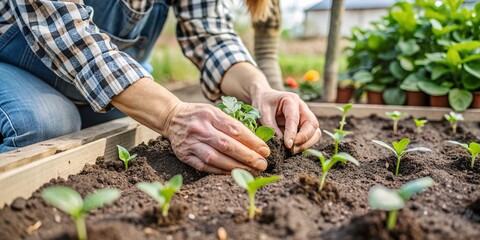 Fototapeta premium Gardener Planting Seedlings in Raised Bed Garden. A close-up of a person's hands carefully planting young seedlings in a garden bed, embodying the nurturing process of growth and the joy of gardening.
