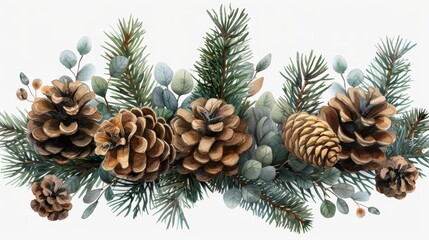 Watercolor border featuring pine cones, fir branches and eucalyptus, perfect for winter and holiday design projects