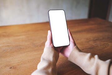 Mockup image of a woman holding mobile phone with blank desktop screen