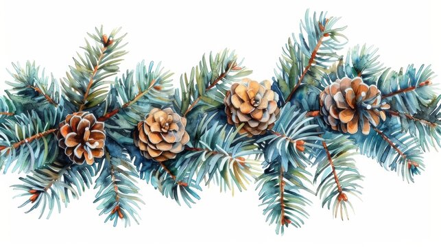 Seamless border of a fir tree branch with cones is painted in watercolor on a white background