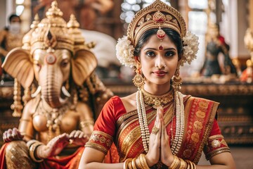 A beautiful Indian girl in a traditional Indian national costume, sari. Against the background of elephants. The portrait symbolizes the traditions, culture and beauty of the people of India.