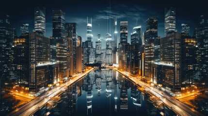 Aerial shot of a symmetrical urban cityscape at night