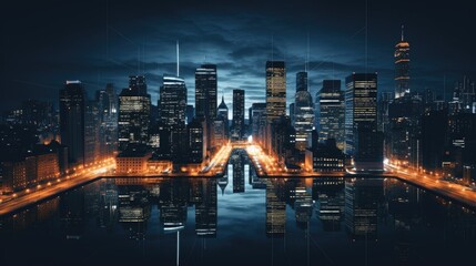 Obraz premium Aerial shot of a symmetrical urban cityscape at night