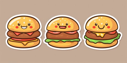 Sticker design of three different cute burgers with smiling faces on a yellow background - Generative ai