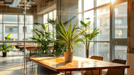 Fototapeta premium Modern workspace with minimalist design elements, a small potted plant on a wooden table, and floor-to-ceiling windows bringing in natural light