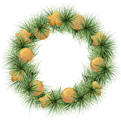 Pine, fir tree, spruce branches, gold bauble balls stars. Watercolor hand drawn illustration, wreath frame isolated on white. Xmas, happy new year festive, noel navidad. Cards, gifts, florist shop.