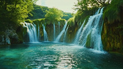 Fototapeta premium Waterfalls with clear water in Plitvice National Park