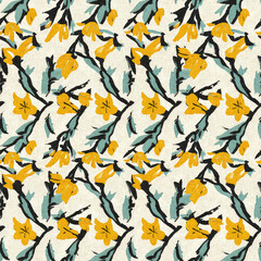 Modern printed fabric wildflower blockprint pattern with linen fabric textures. Stylized hand drawn boho dark florals for decorative design elements in repeatable background tile.