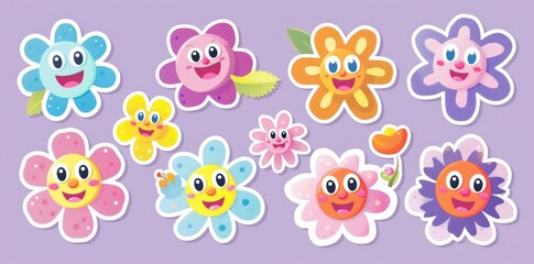 Fototapeta premium Sticker vector picture of cartoon flowers with eyes and smiling faces on a pastel background. Generative ai