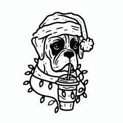  Boxer Dog with santa claus hat tangled wrap around with Christmas lights. Drinking Coffee in Holiday Party   Cute Doodle Cartoon Line Art Vector Clipart