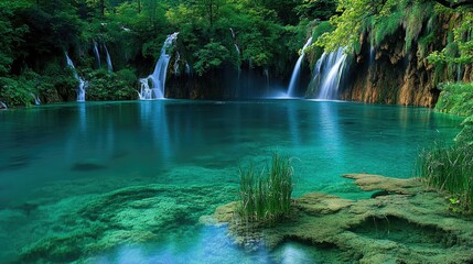 Naklejka premium Waterfalls with clear water in Plitvice National Park