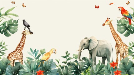 Watercolor african plant and animal frame.