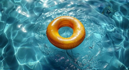 Summer pool scene with yellow float ring. Blue aqua textured background.