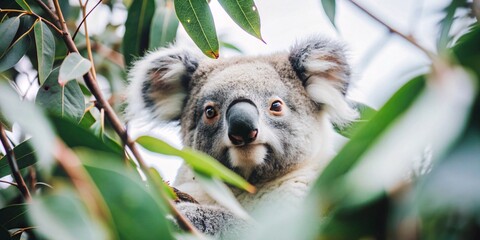 Fototapeta premium A close-up of a koala nestled among eucalyptus leaves, capturing its curious expression. The lush greenery surrounds the koala, highlighting its natural habitat. Perfect for themes of wildlife.