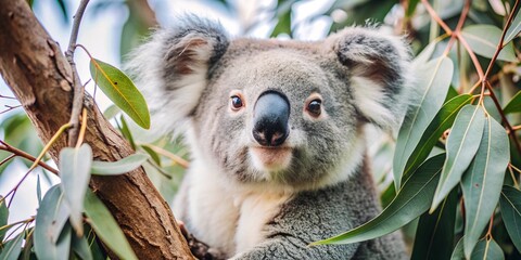 Obraz premium A close-up of a koala nestled among eucalyptus leaves, capturing its curious expression. The lush greenery surrounds the koala, highlighting its natural habitat. Perfect for themes of wildlife.