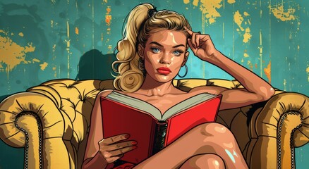 Pop art: Woman with hot body reading book on chair.
