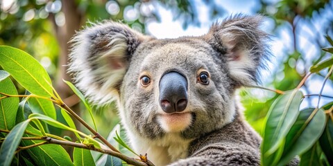 Obraz premium A close-up of a koala nestled among eucalyptus leaves, capturing its curious expression. The lush greenery surrounds the koala, highlighting its natural habitat. Perfect for themes of wildlife.