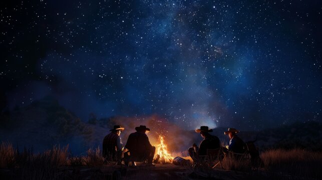 Four individuals gather around a warm campfire, sharing stories and enjoying the vast starry sky in a remote location during the night. - Powered by Adobe