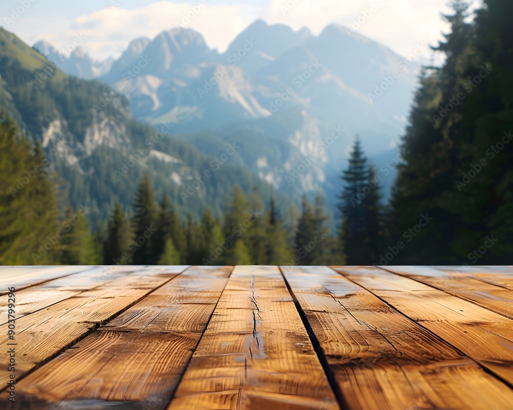 Poster a close up of an old wooden table with pine trees and mountains in the background
