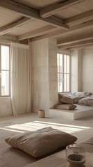 Minimalist Living Room Interior Design with Wooden Beams