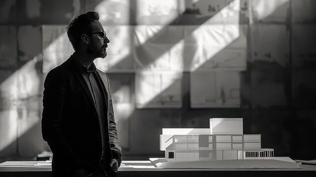 Fototapeta A man stands in front of a large model of a building