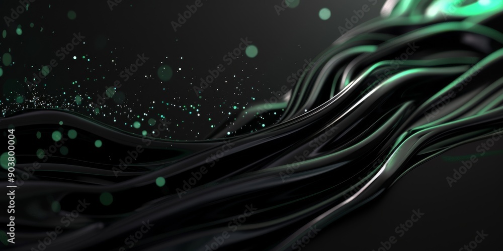Aufkleber an abstract background in black and neon green with flowing curves and glowing particles creates a f