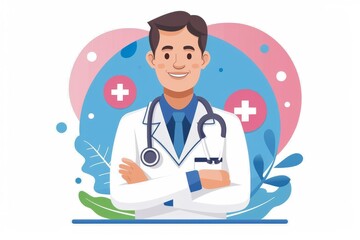 Smiling doctor with medical icons and heart symbols on a blue background representing healthcare and support