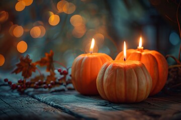Three pumpkin candles burning on a rustic wooden table with warm bokeh lights in the background