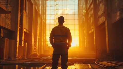 A man in a yellow jacket stands in a large, empty building