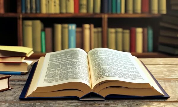  book with open pages, close up, books on the shelf in school, open book on wooden table. back to school concept