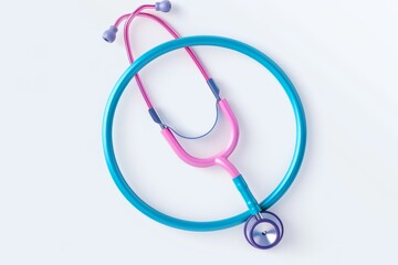 Pink and blue stethoscope on a clean white background representing healthcare and medical services