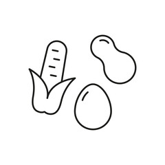Healthy Eating and Balanced Diet Line Icon. Peanut, Egg, and Corn Outline Icon. Nutritional Foods Symbol. Isolated Vector Illustration