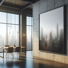 An empty poster frame in a modern office interior, on a concrete wall, with natural light from windows, concept of advertising space. 