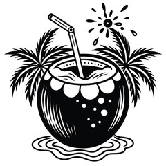 A vivid and lively illustration of a coconut on a beach, designed to be printed on a T-shirt.