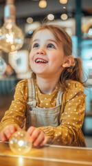 A joyful girl interacts with colorful light bulbs in a cozy cafe environment
