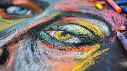 A person's face drawn with colored chalk