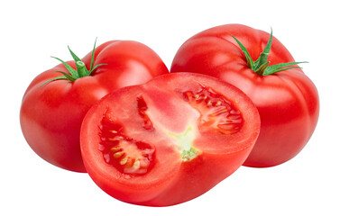 Tomato vegetables isolated on white or transparent background. Fresh and juicy whole tomatoes and...