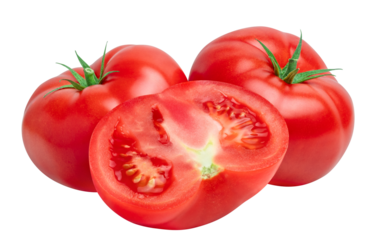 Tomato vegetables isolated on white or transparent background. Fresh and juicy whole tomatoes and cut half. Ideal for healthy eating