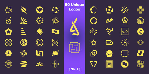A collection of 50 unique abstract geometric logos featuring various designs. Perfect for branding and visual identity projects, these logos offer a range of styles to suit different creative needs.