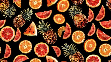 Gold line art of pineapple, watermelon and orange pattern 