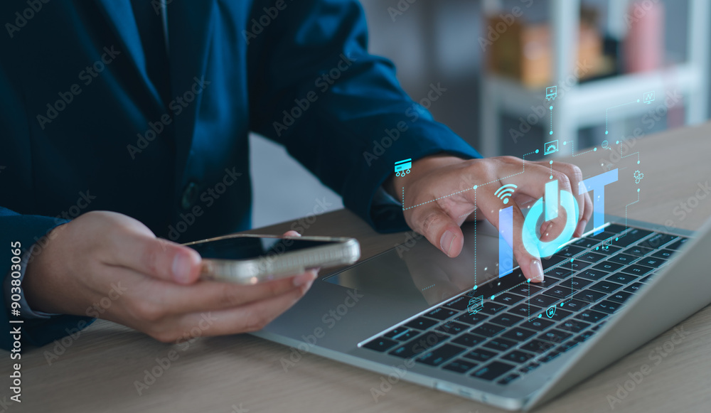 Poster iot, internet of thing concept, business man touching iot internet of thing icon on virtual screen, 